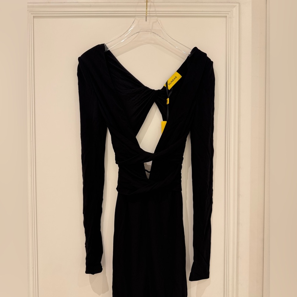 DUNDAS BLACK Orion Gown-  Long-Sleeve Twist-Waist Evening Gown with Front Slit